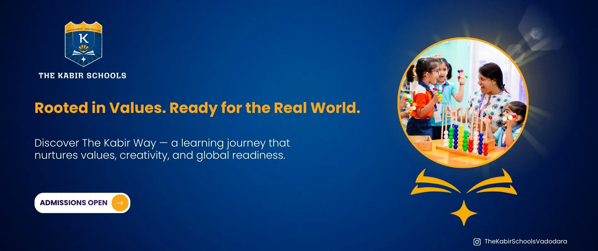 The Kabir Schools campus building exterior with students and greenery